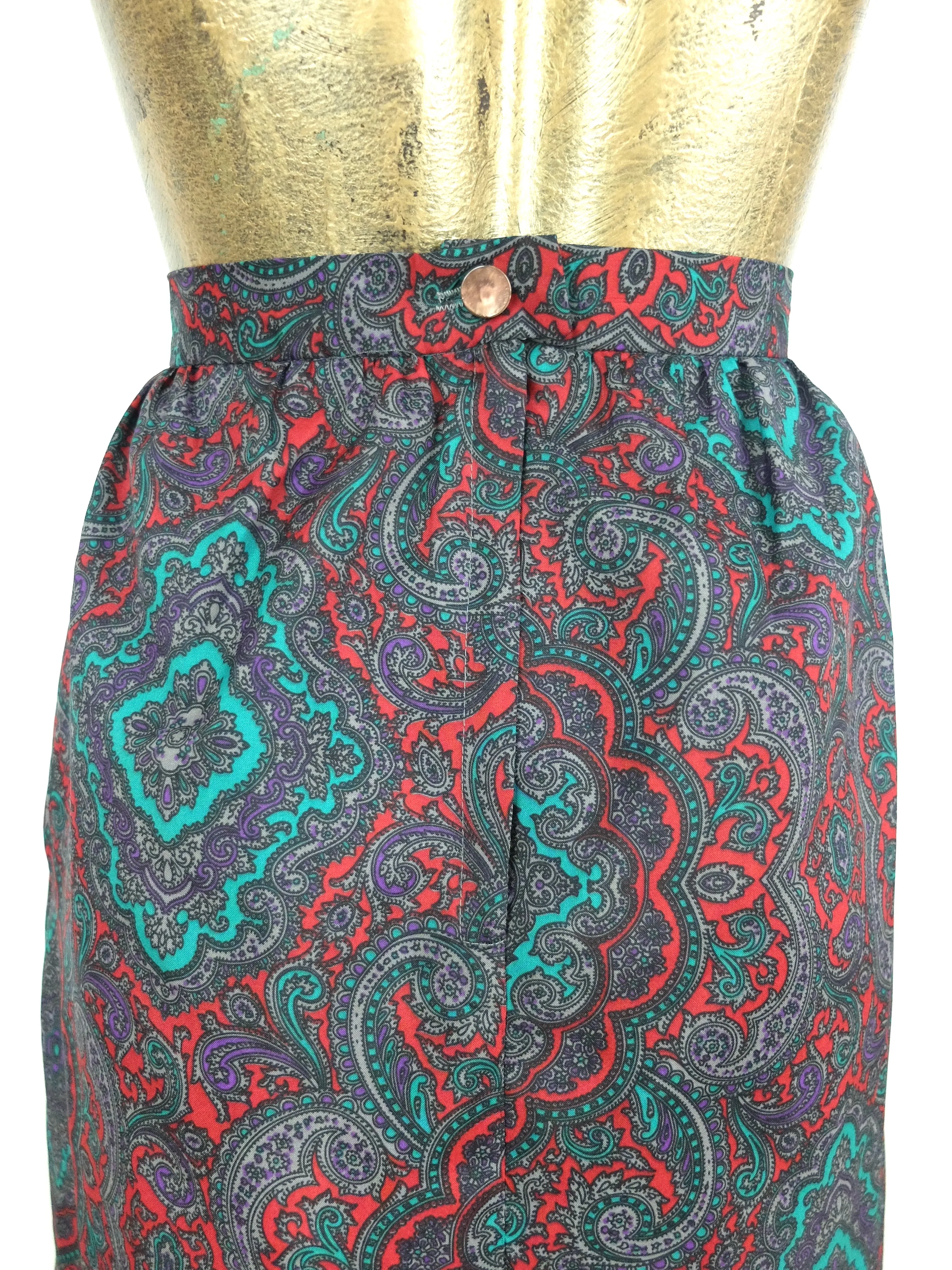 60s Mod Psychedelic Paisley High Waisted Pleated Below-the-Knee Midi Skirt