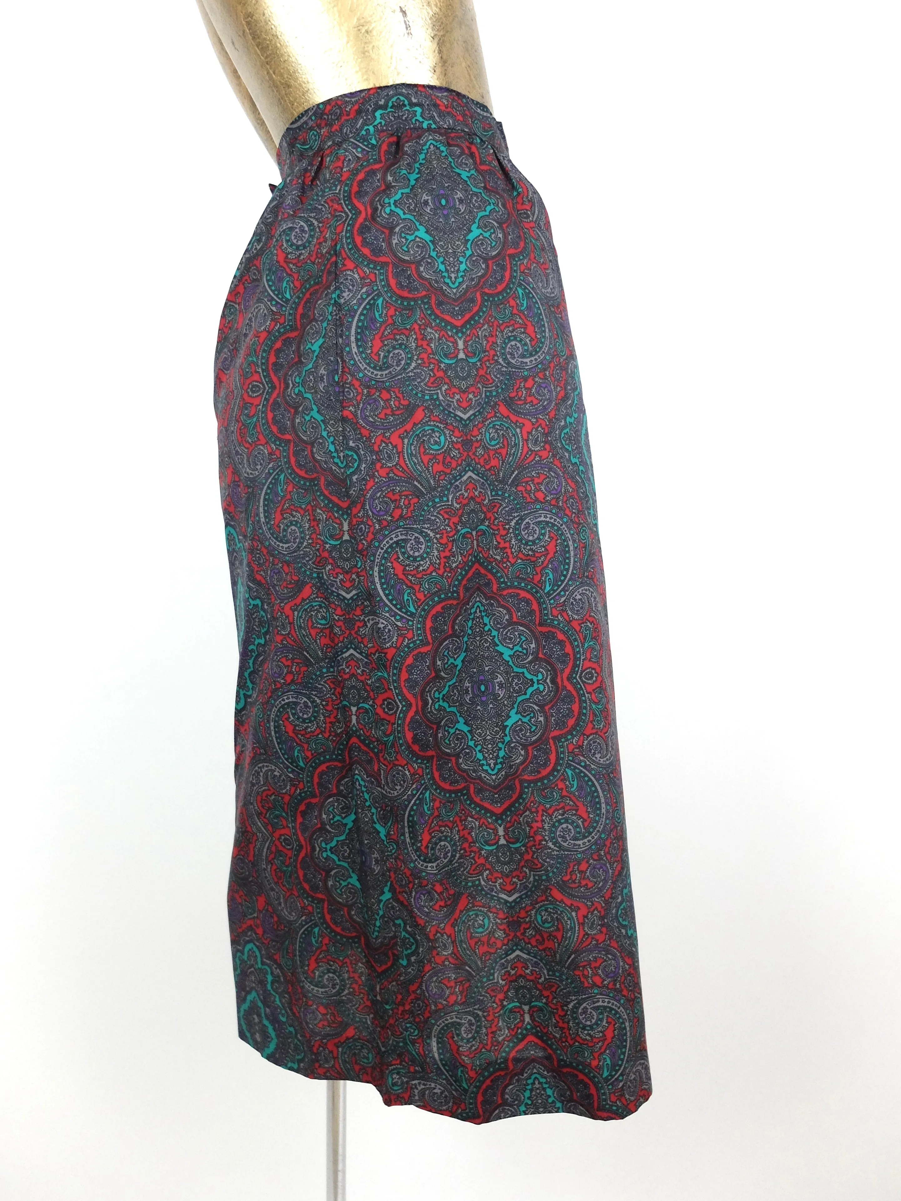 60s Mod Psychedelic Paisley High Waisted Pleated Below-the-Knee Midi Skirt