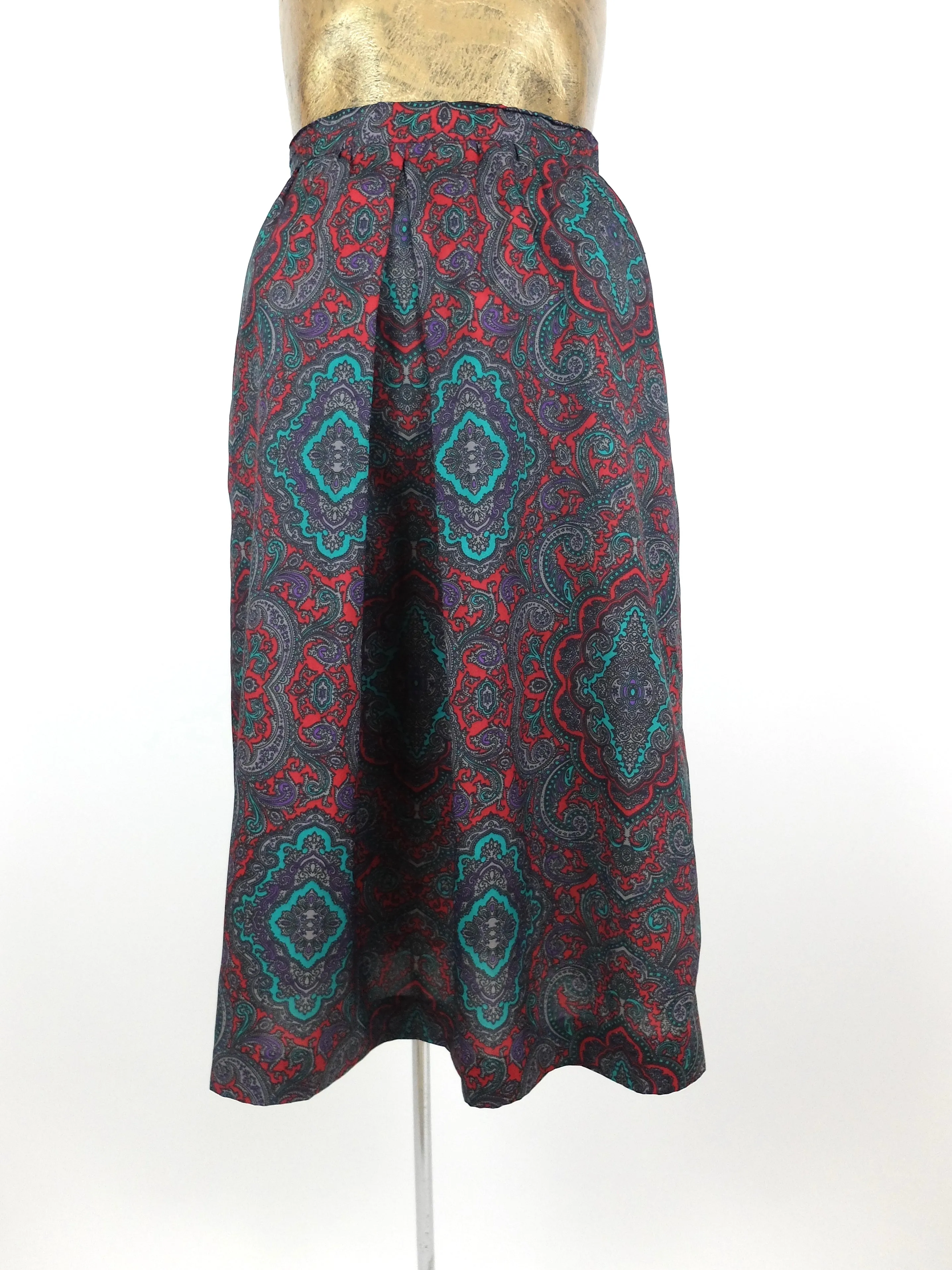 60s Mod Psychedelic Paisley High Waisted Pleated Below-the-Knee Midi Skirt