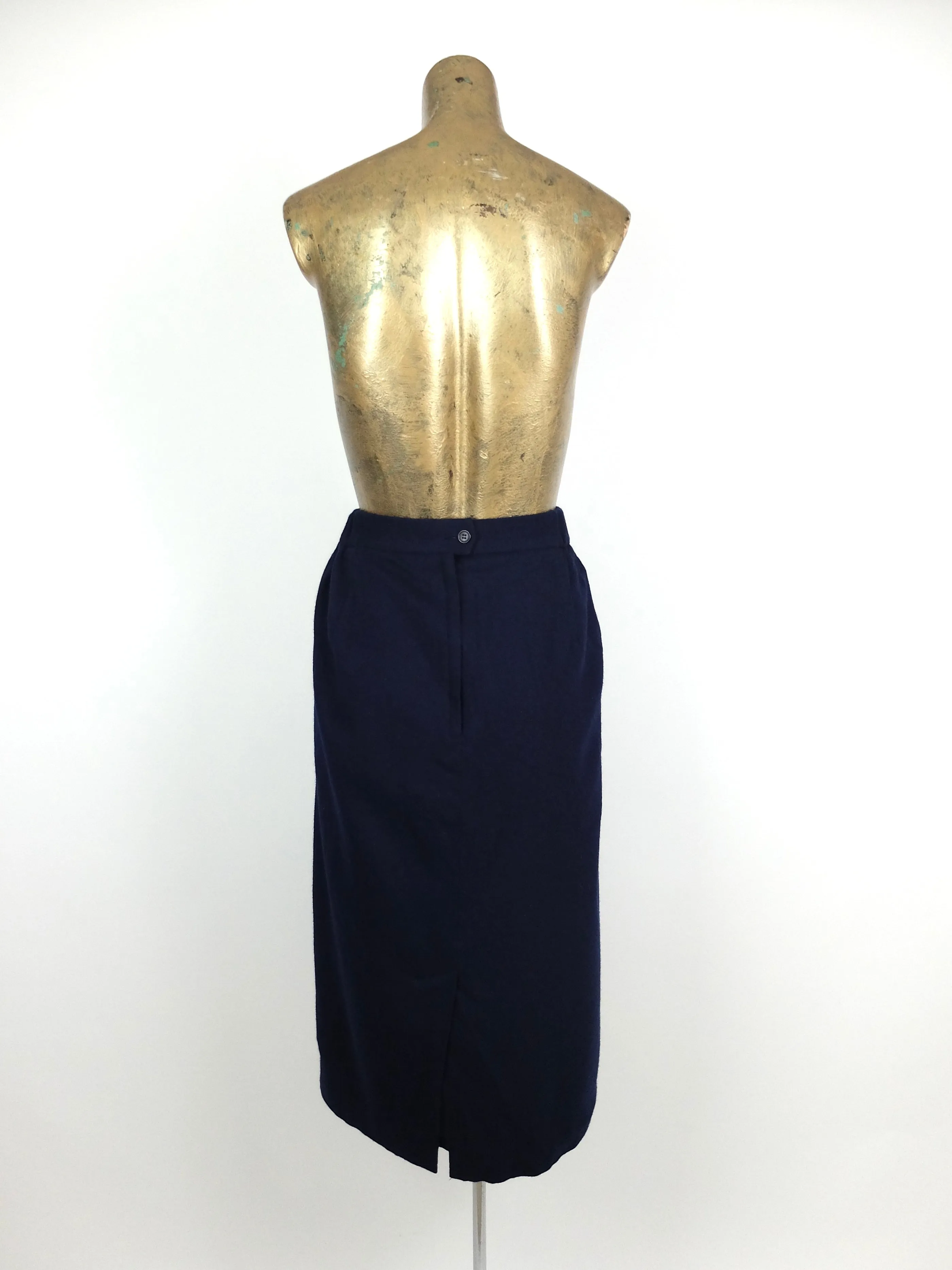 70s Mod Navy Blue Basic Wool High Waisted A-Line Midi Pencil Skirt