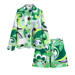 A&A Leaf Print A Line Skirt And Blouse Set