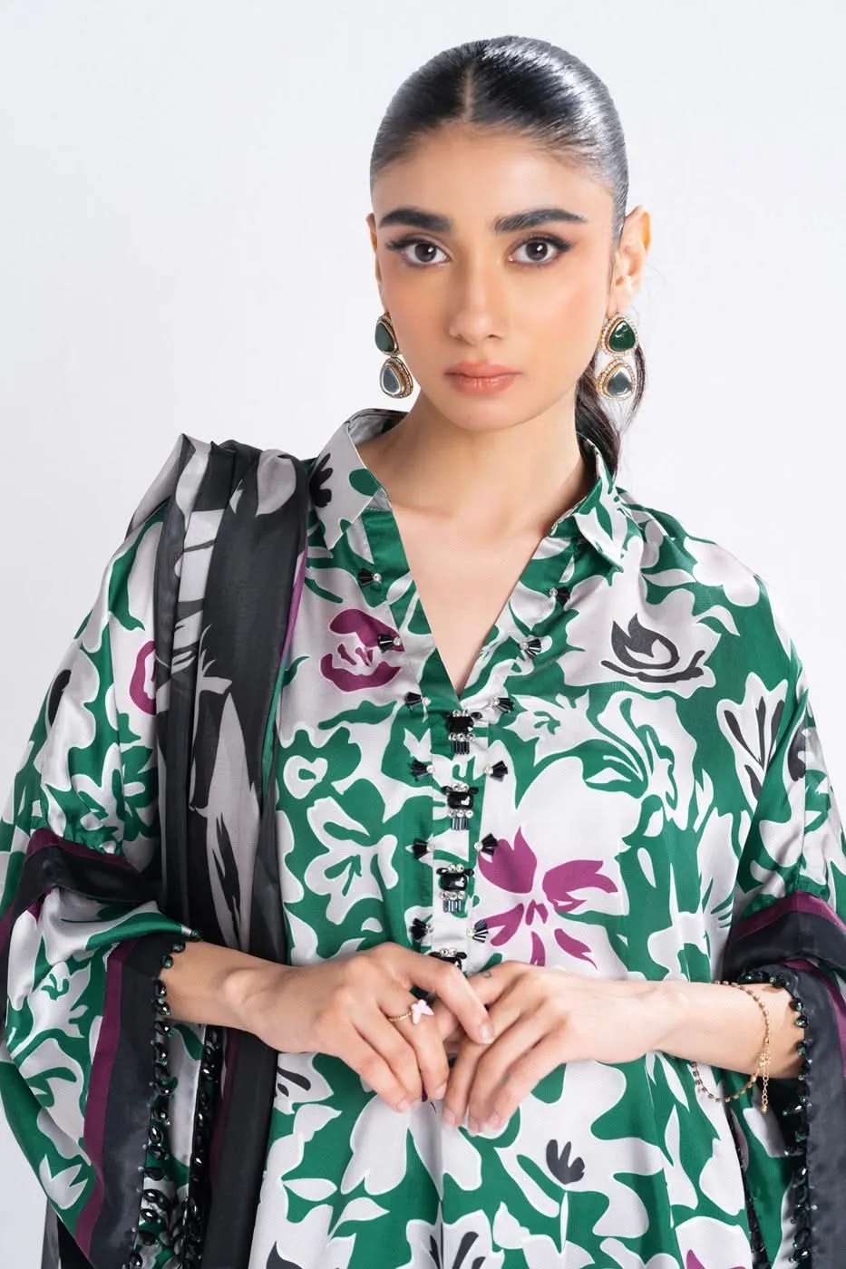 Alkaram Chamois Silk Suit With Printed Tissue Silk Dupatta – SK-14-24-Dark Green