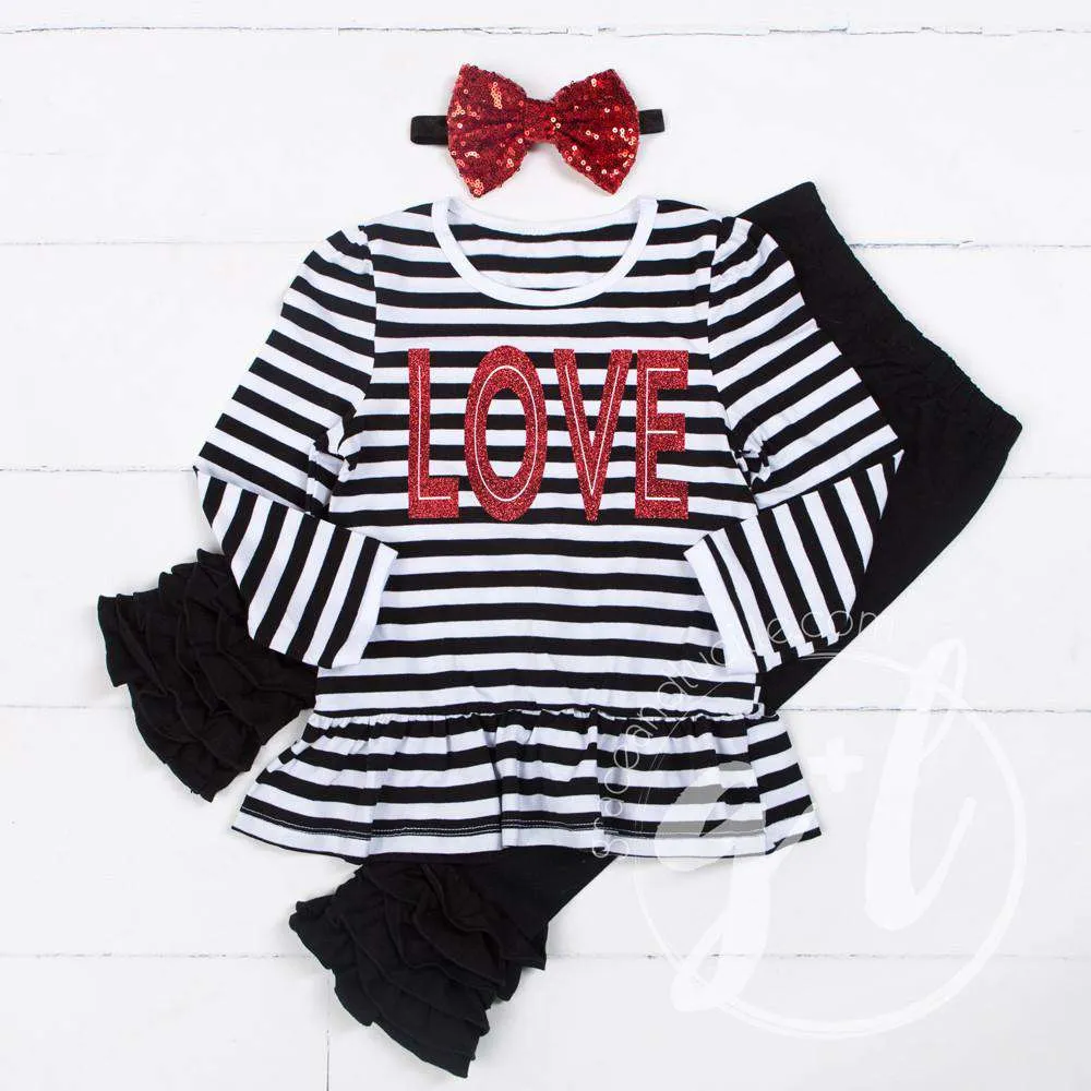 All My LOVE Ruffled Hem Striped Top, Black Ruffled Hem Leggings Outfit & Red Bow Headband