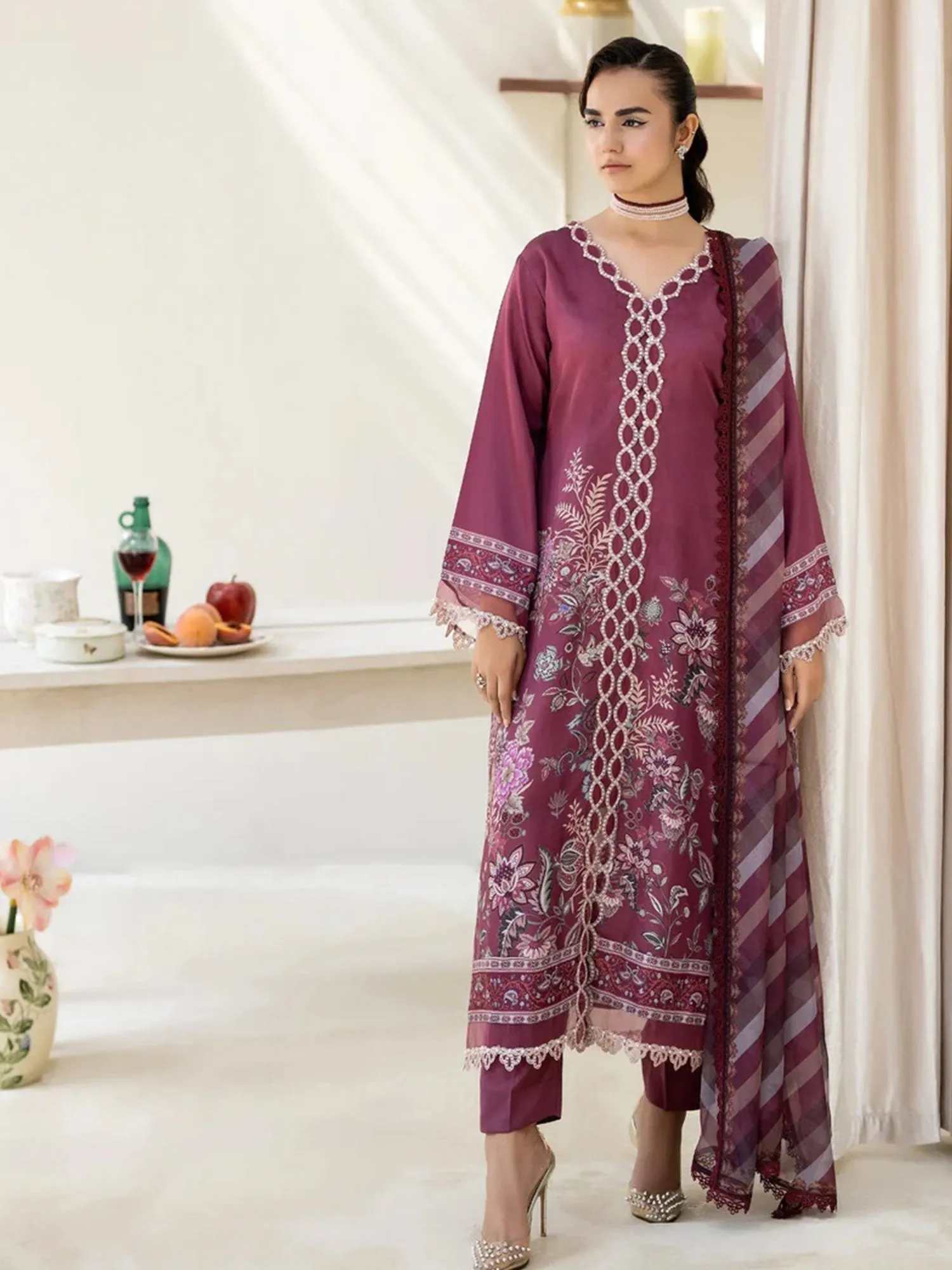 Ally's Plum Shamoz Silk Embroidered 3-Piece Suit (DGP-241)