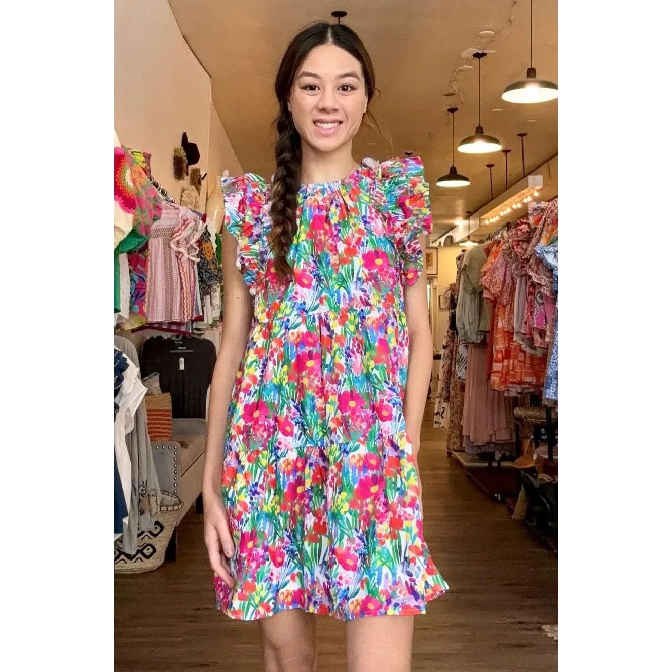 Aretha Flutter Sleeve Floral Midi THML Dress SALE