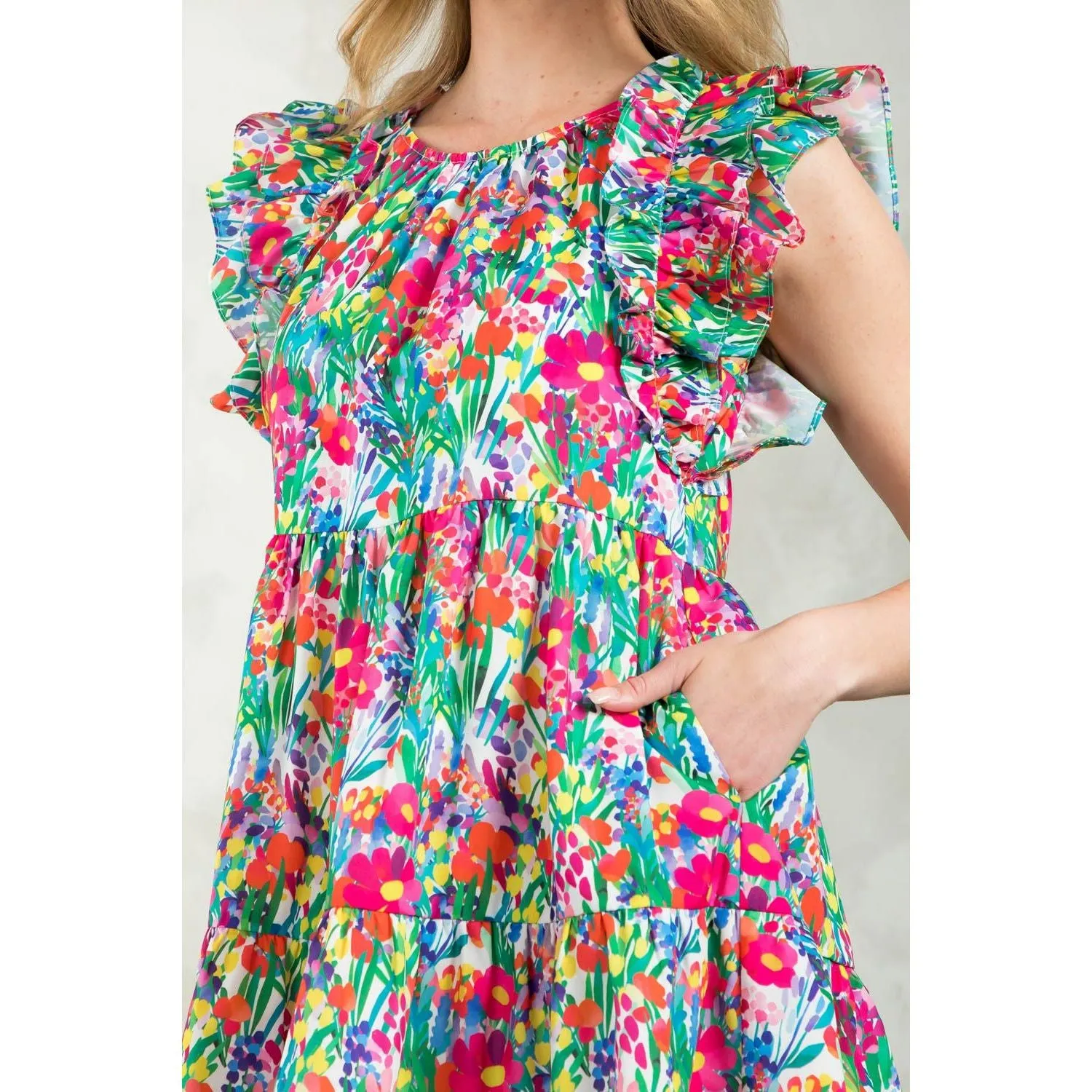 Aretha Flutter Sleeve Floral Midi THML Dress SALE