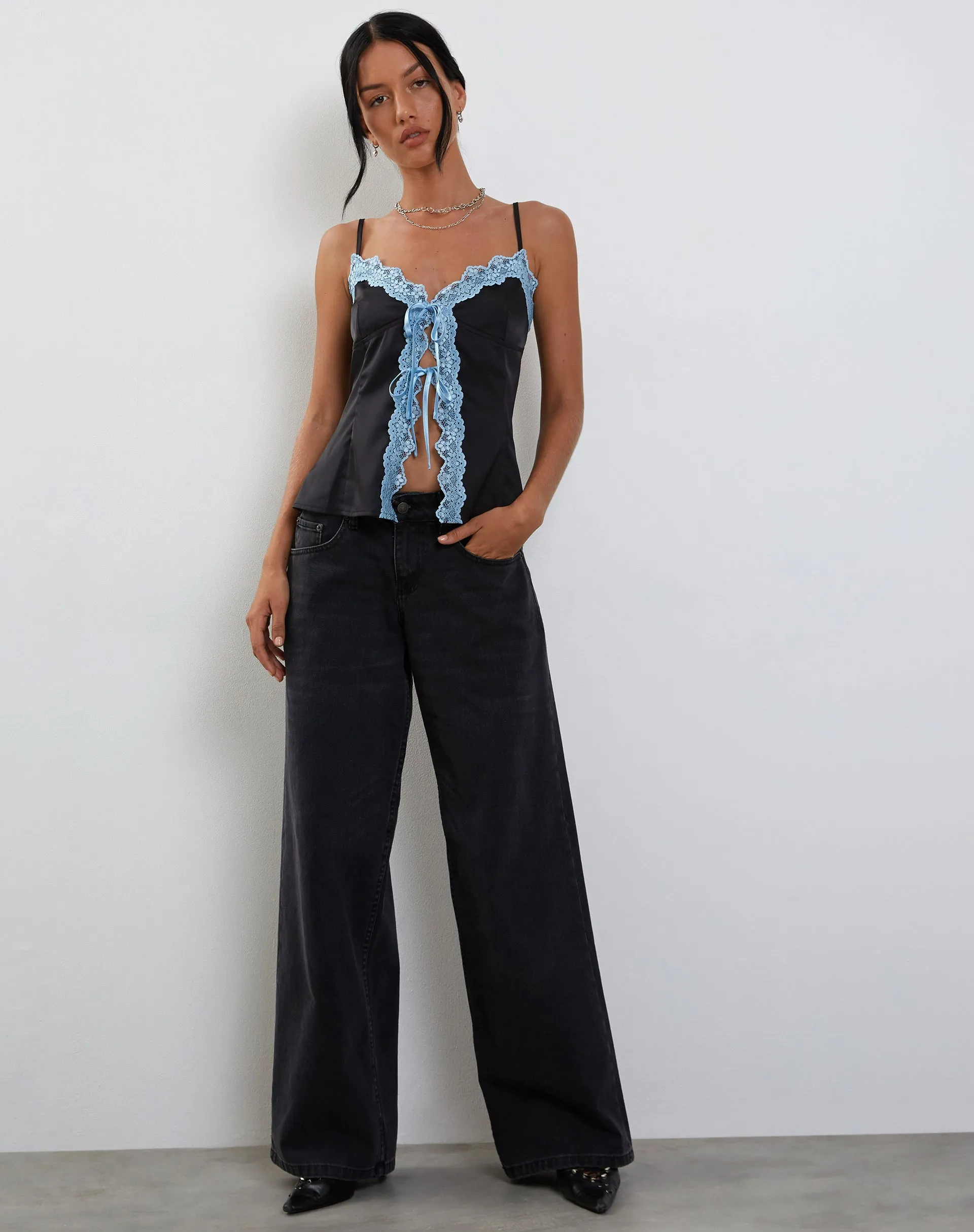 Bahela Tie Front Cami Top in Black with Blue Lace