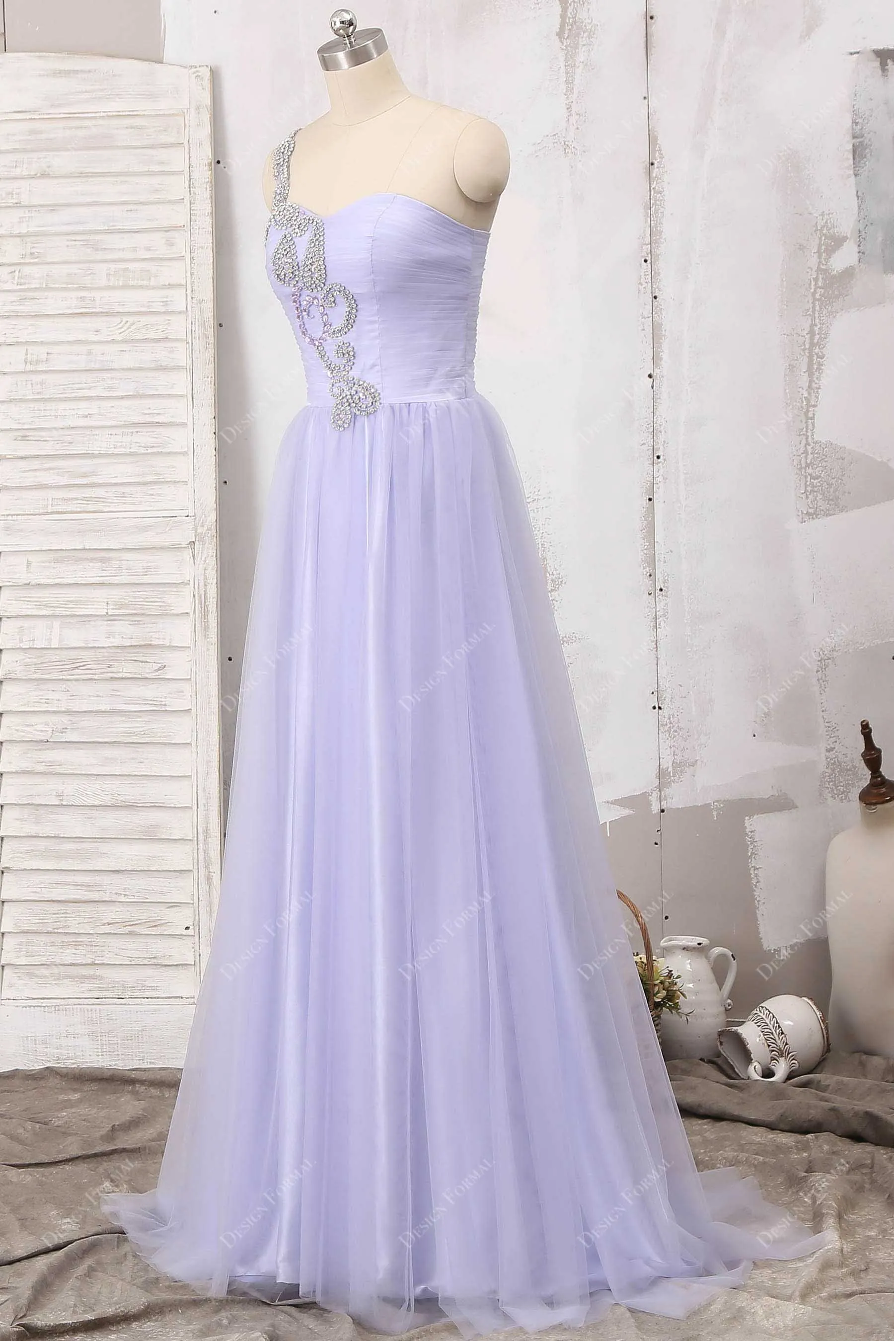 Beaded One Strap Lavender Tulle Floor Length A-line Dress