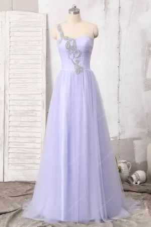 Beaded One Strap Lavender Tulle Floor Length A-line Dress