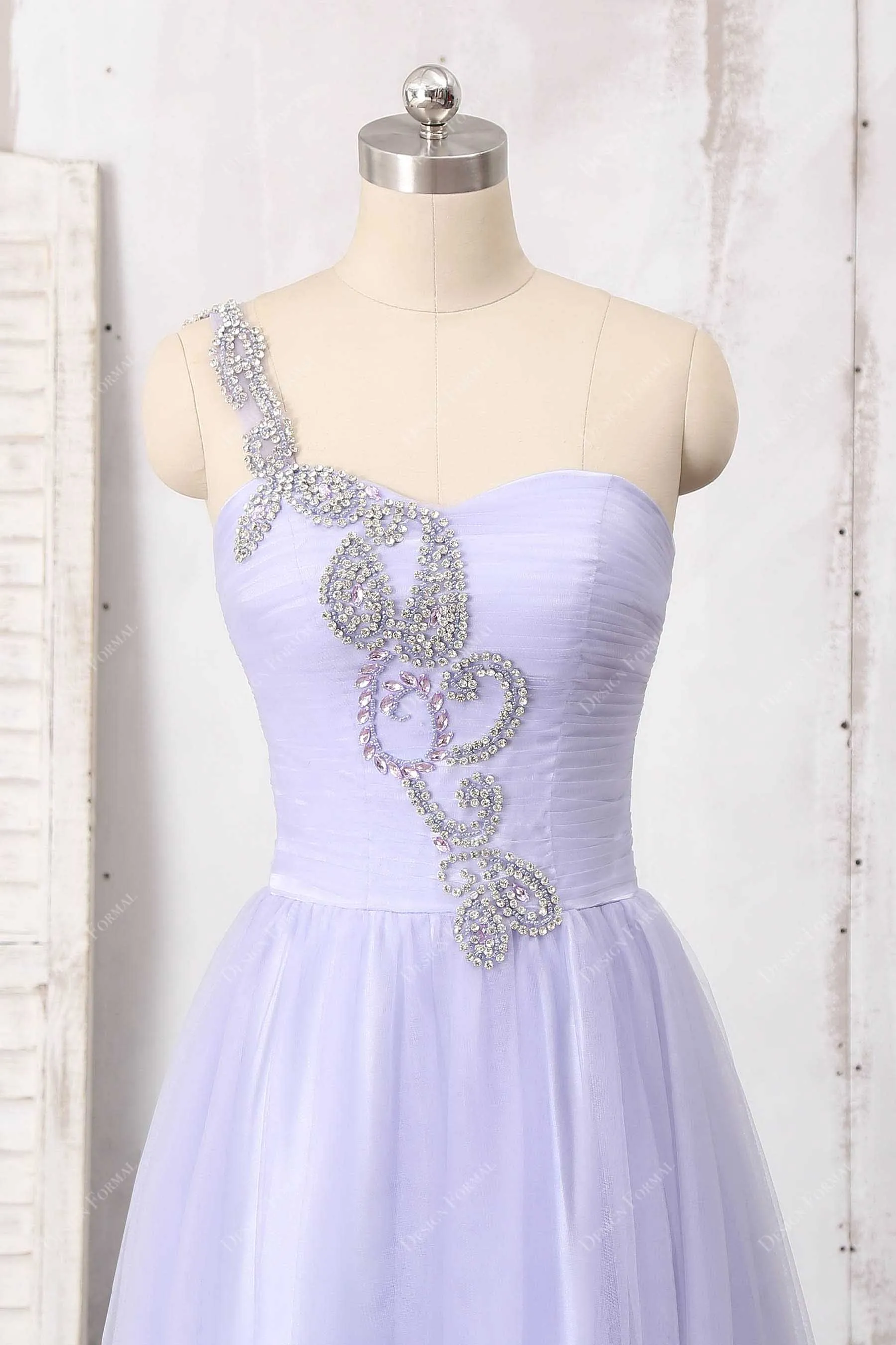 Beaded One Strap Lavender Tulle Floor Length A-line Dress