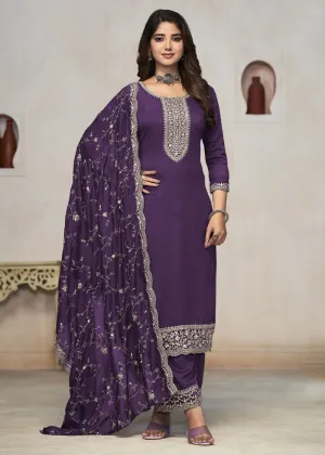 Beautiful Purple Vichitra Silk Fancy Salwar Suit