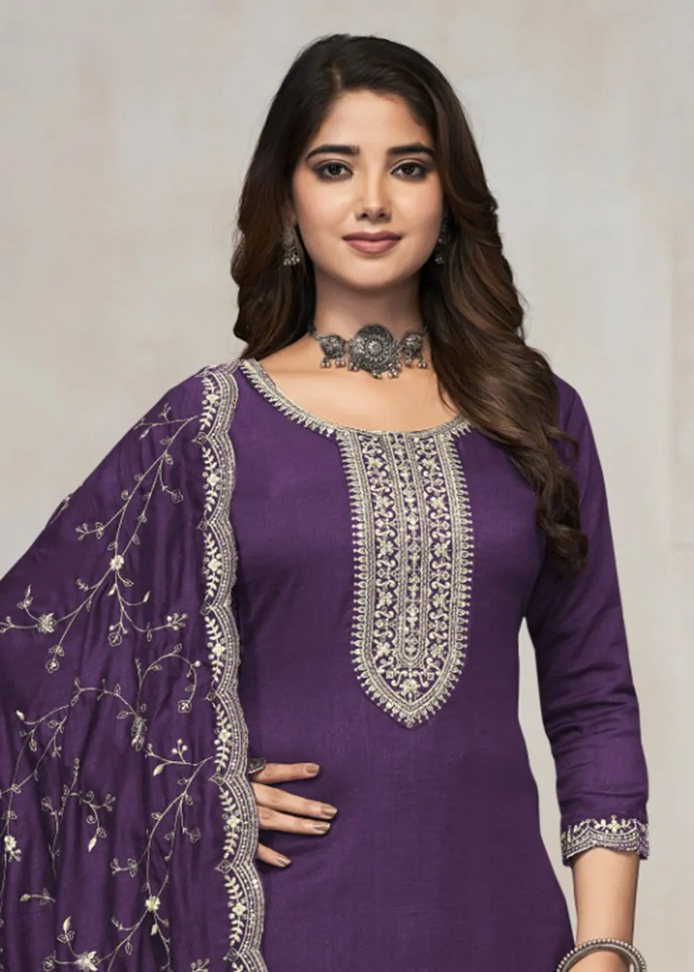 Beautiful Purple Vichitra Silk Fancy Salwar Suit