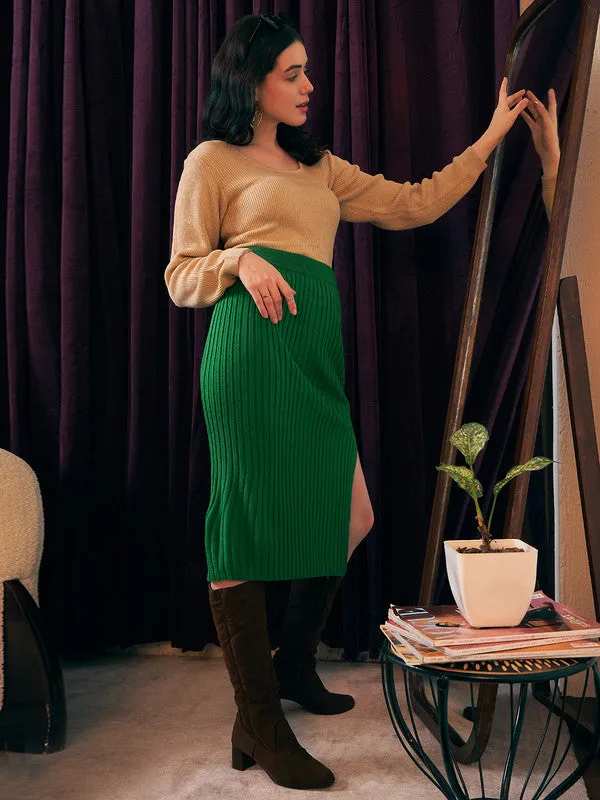 Berrylush Women Solid Green High-Rise Waist Slip-On Side-Slit Straight Hem Ribbed Pencil Midi Skirt