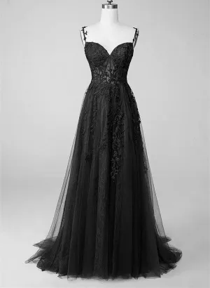 Black Sweetheart Tulle With Lace Long A-Line Prom Dress Black Formal Dress