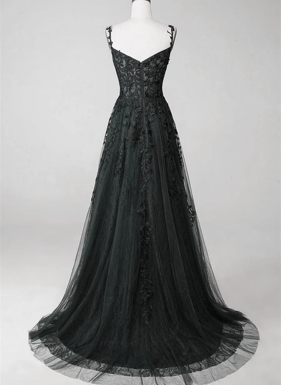 Black Sweetheart Tulle With Lace Long A-Line Prom Dress Black Formal Dress