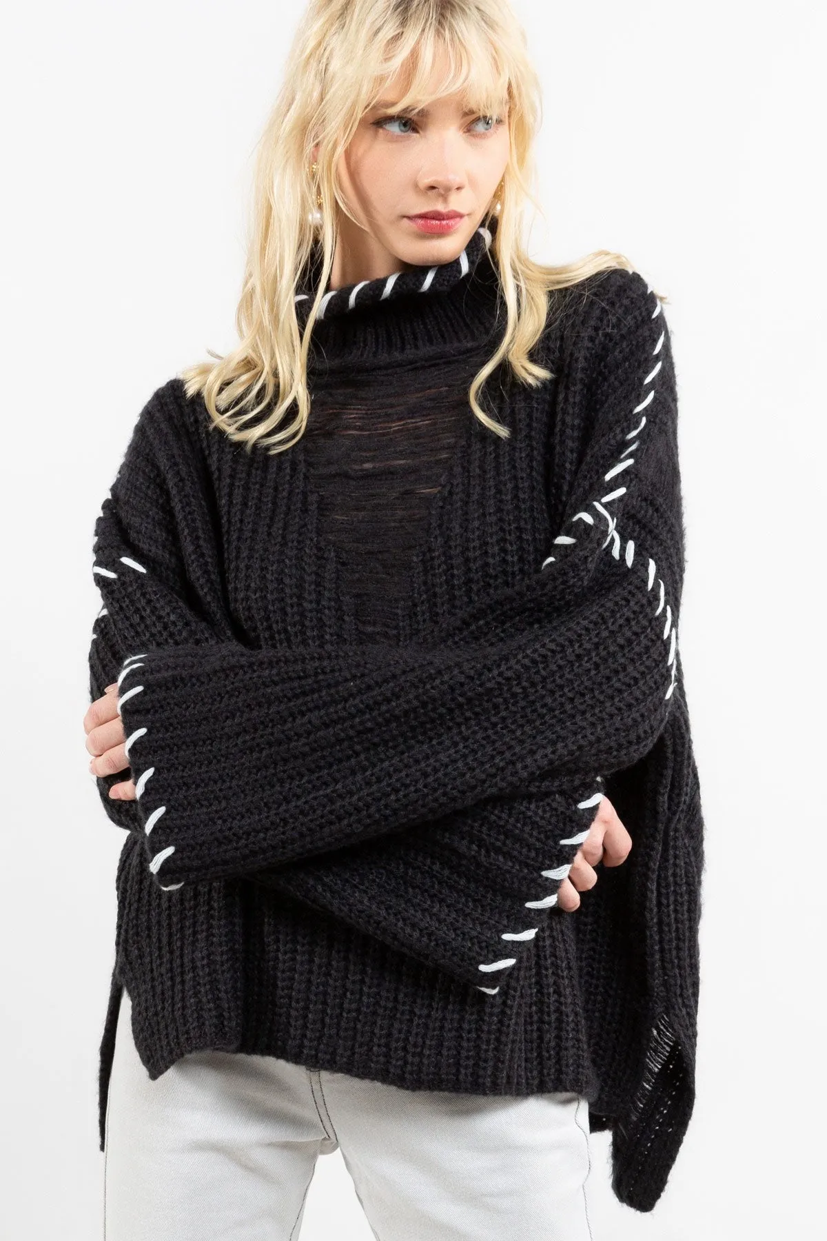 Black Turtleneck Oversized Sweater with White Stitching