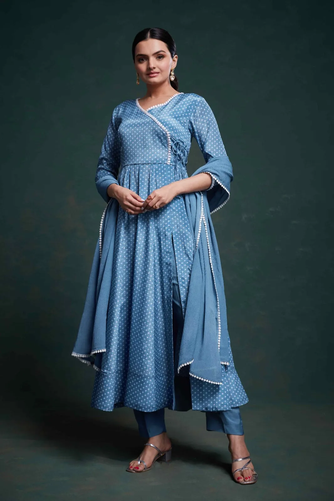 Blue Chinon Silk Dress with Printed Work – Ready to Wear