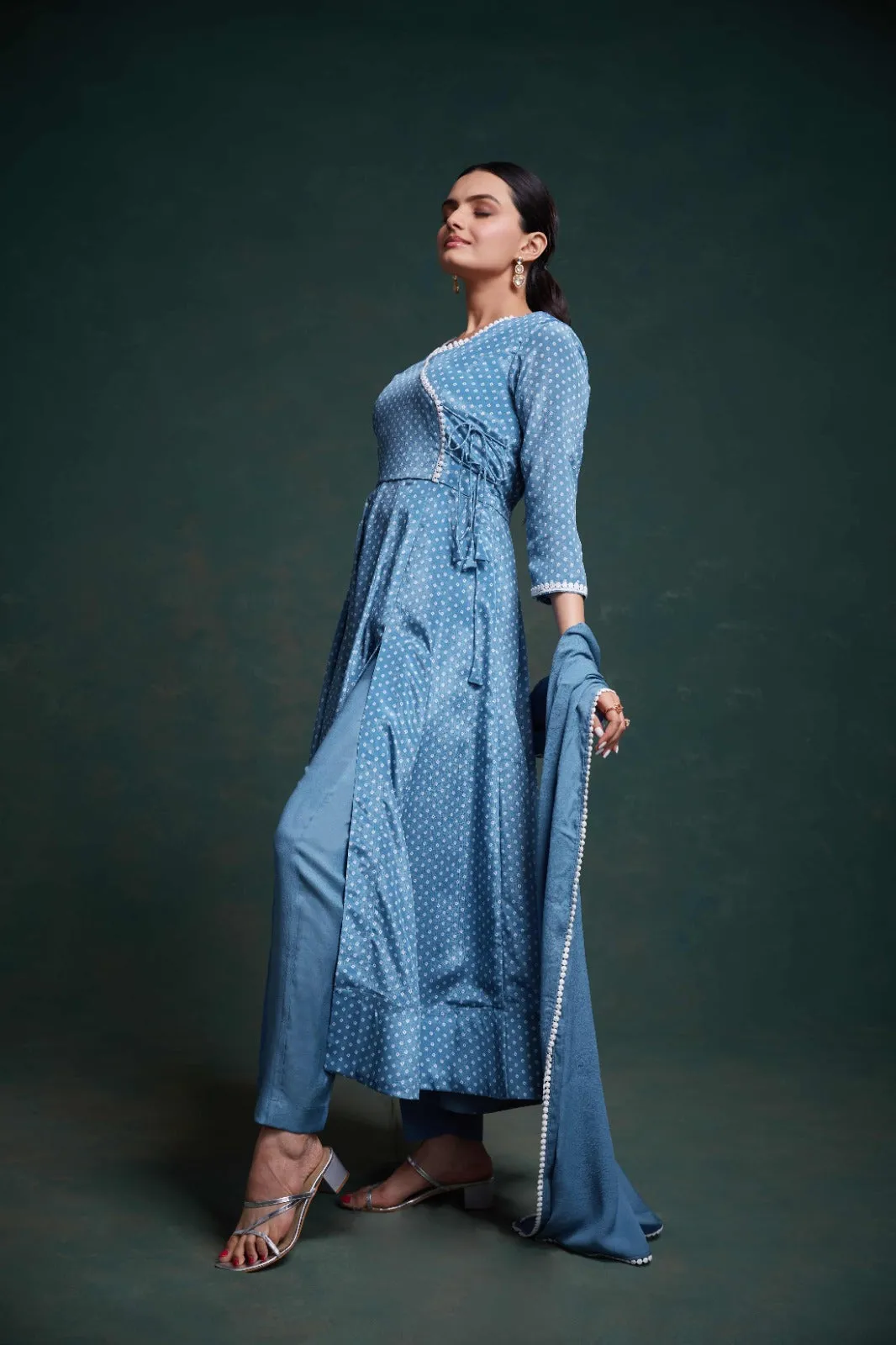 Blue Chinon Silk Dress with Printed Work – Ready to Wear