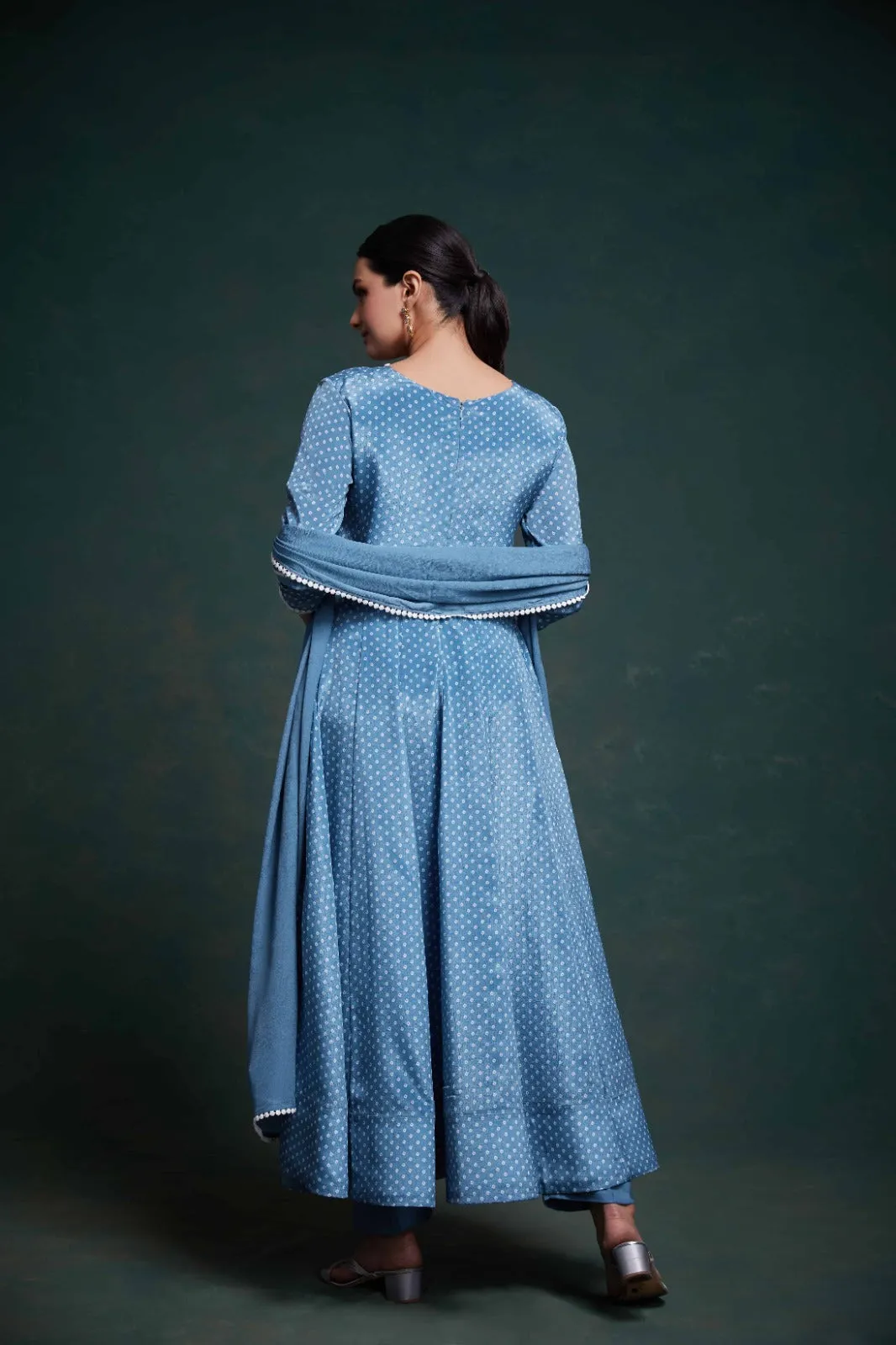 Blue Chinon Silk Dress with Printed Work – Ready to Wear