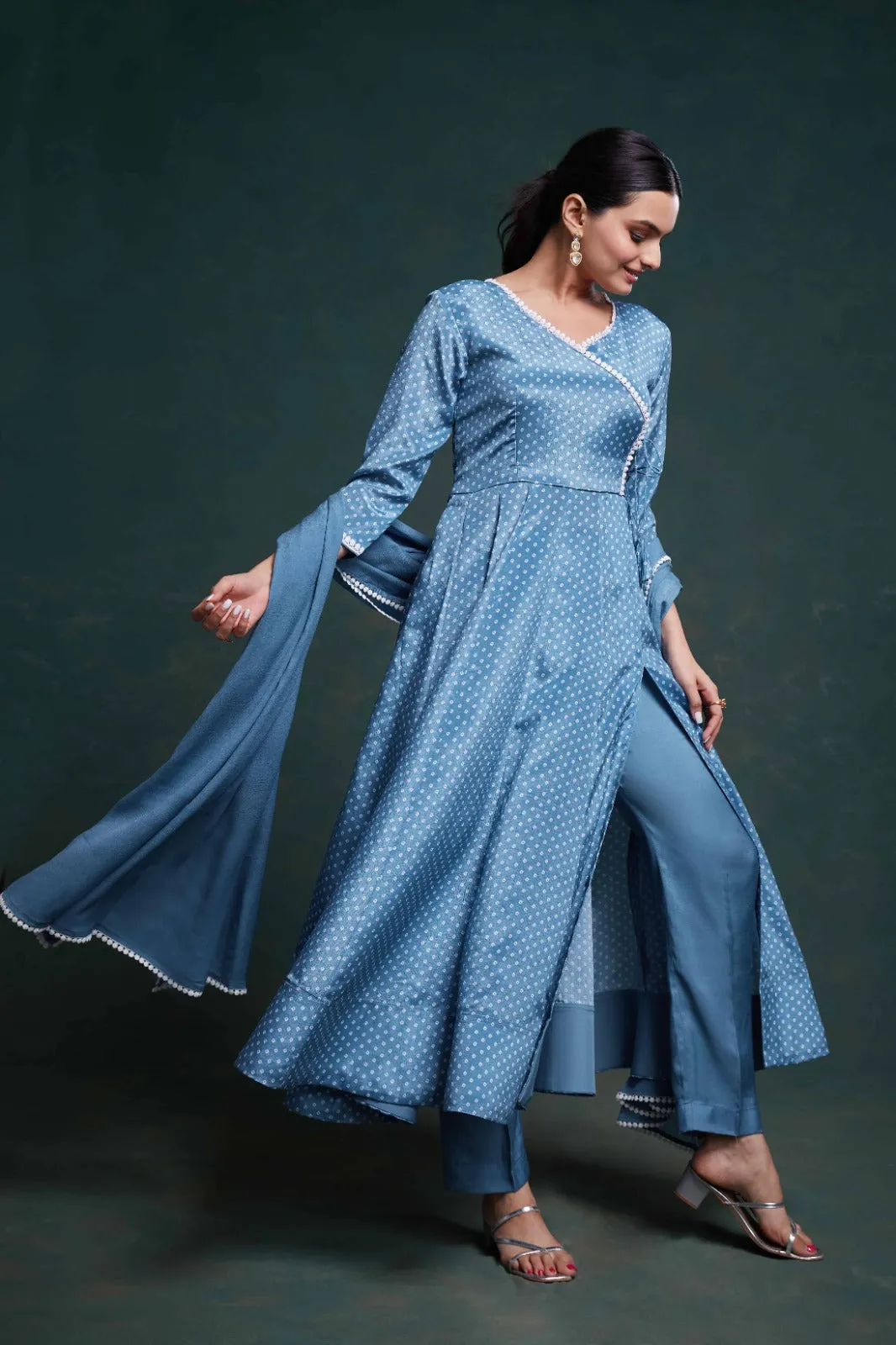 Blue Chinon Silk Dress with Printed Work – Ready to Wear