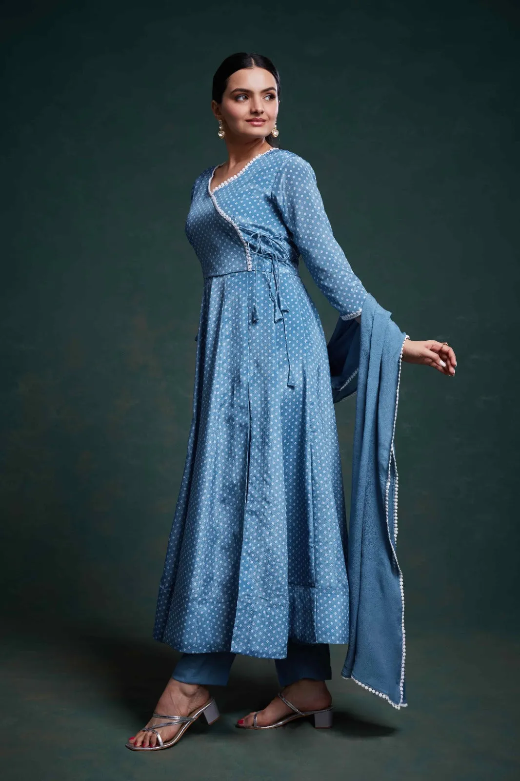 Blue Chinon Silk Dress with Printed Work – Ready to Wear