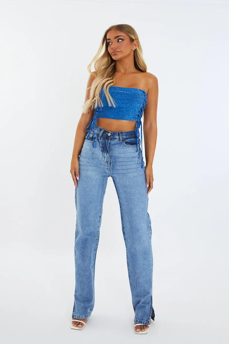 Blue Lurex Side Lace Up Tube Crop Top - Clarissa