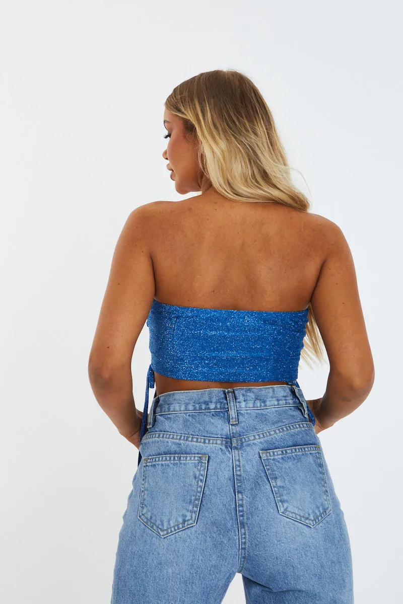 Blue Lurex Side Lace Up Tube Crop Top - Clarissa