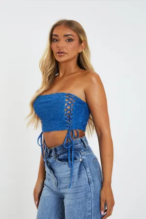 Blue Lurex Side Lace Up Tube Crop Top - Clarissa