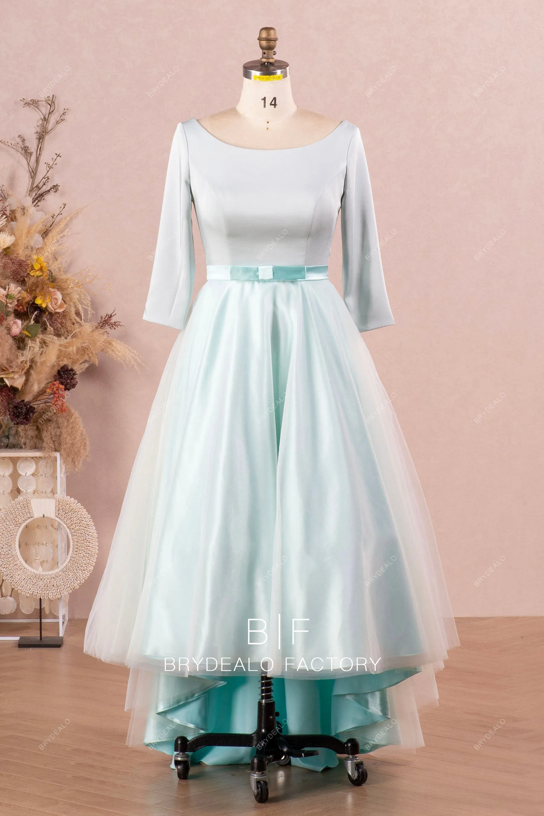 Boat Neck Colored Satin High-low Casual Bridal Dress