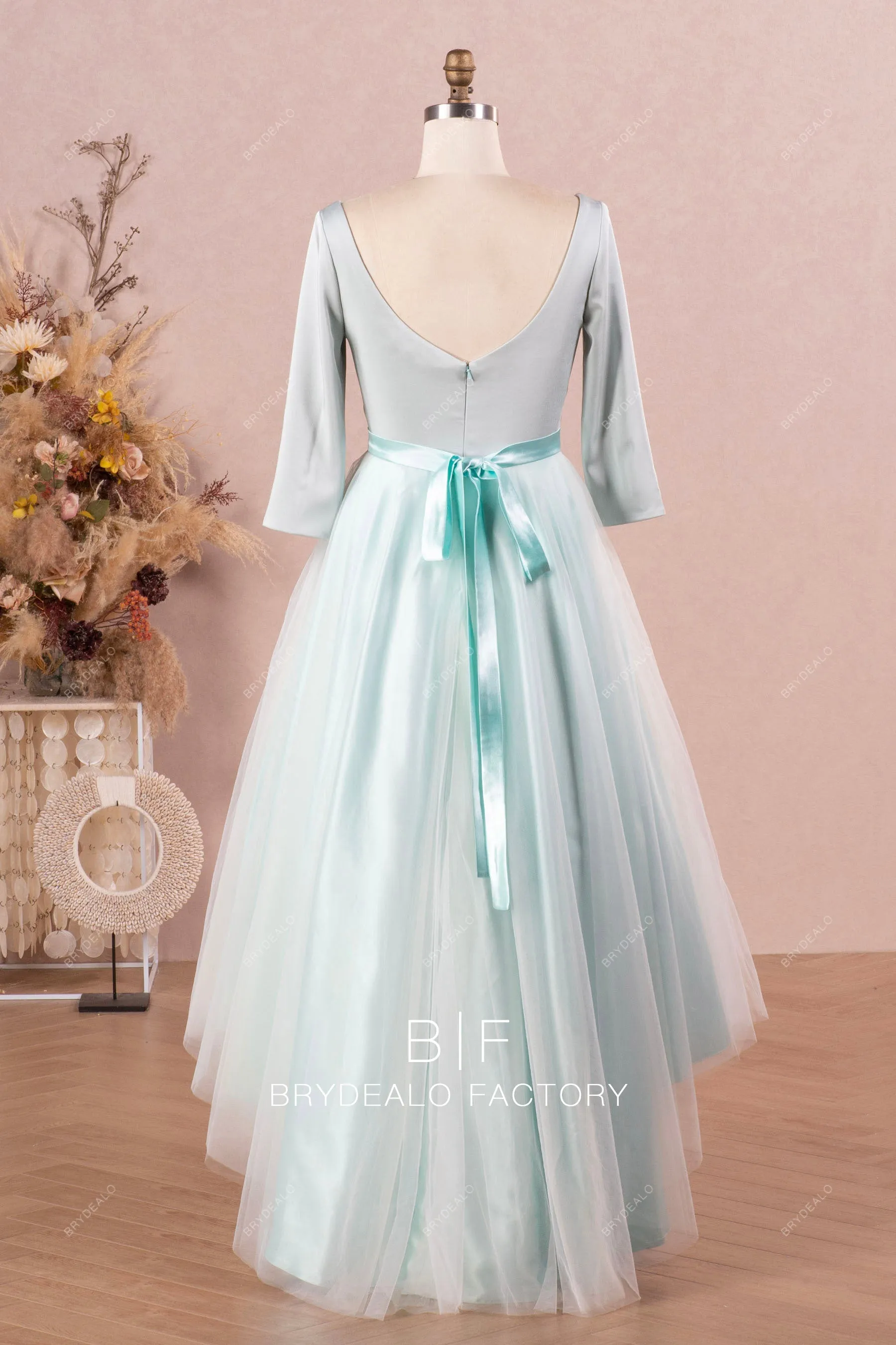 Boat Neck Colored Satin High-low Casual Bridal Dress