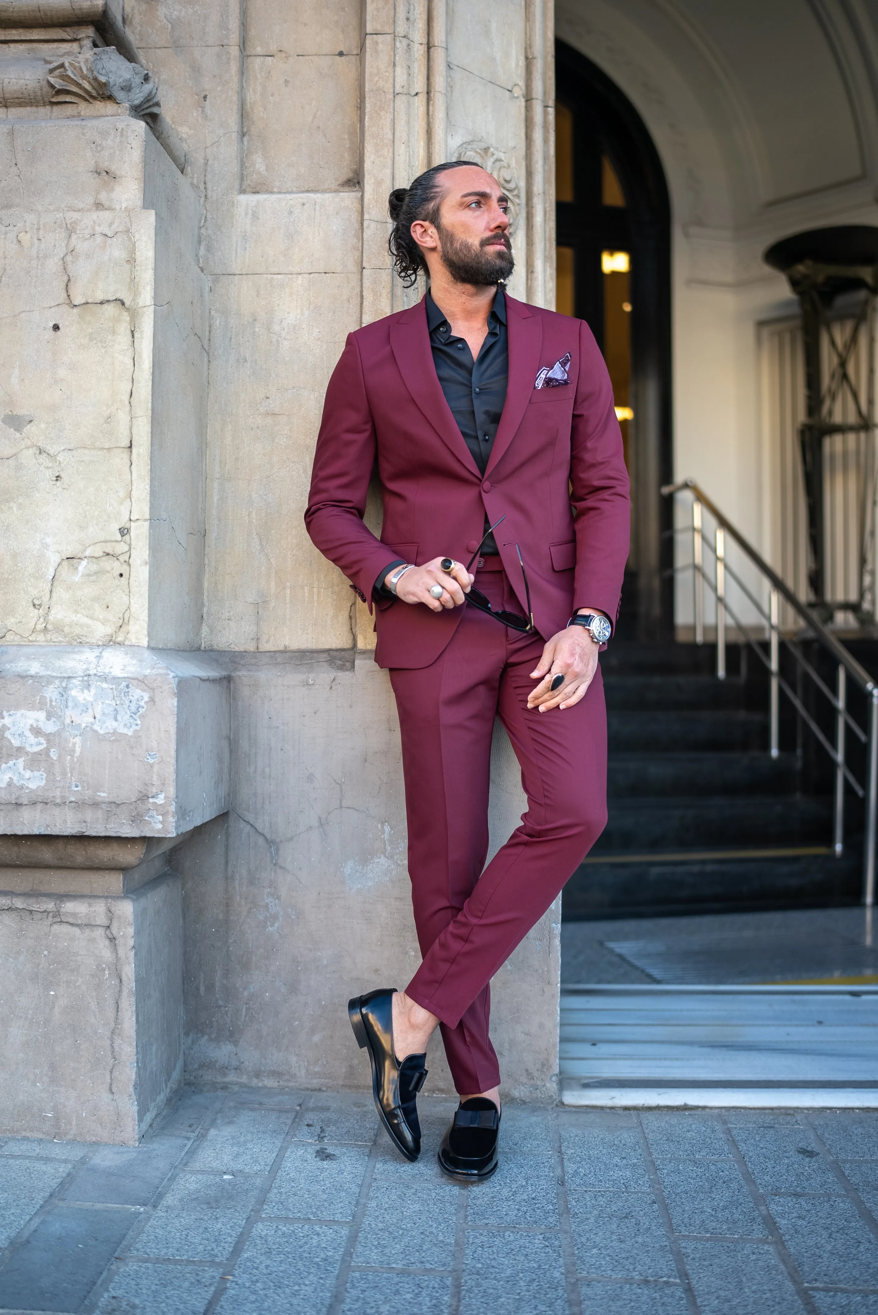 Bojoni Bath Slim Fit Burgundy Suit