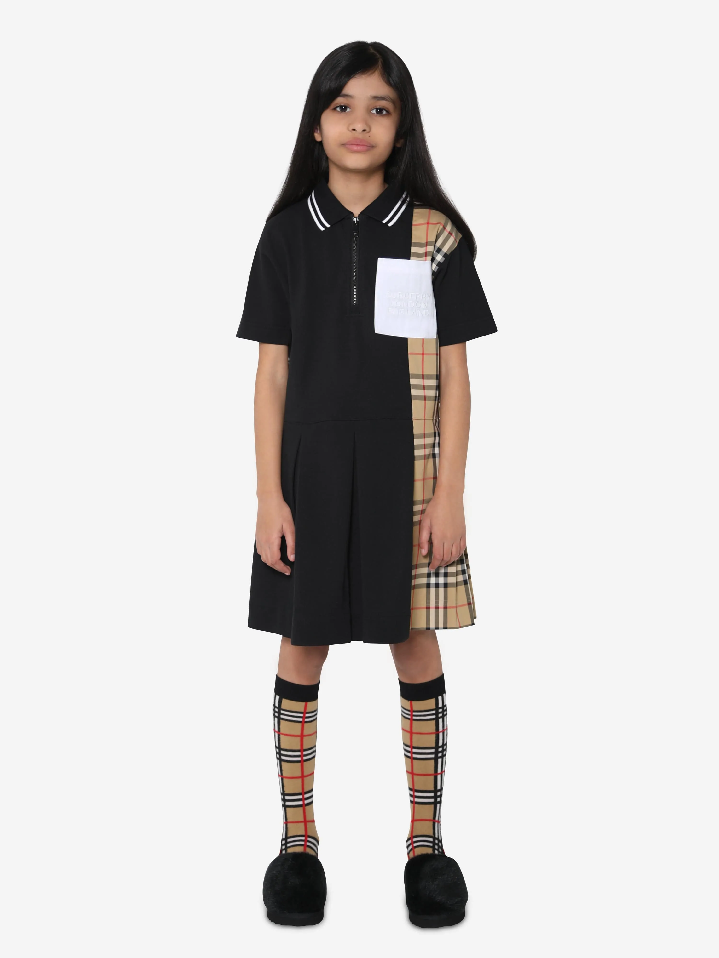 Burberry Girls Cotton Check Trim Polo Dress