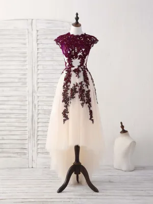 Burgundy Lace Tulle High Low Prom Dress Burgundy Bridesmaid Dress