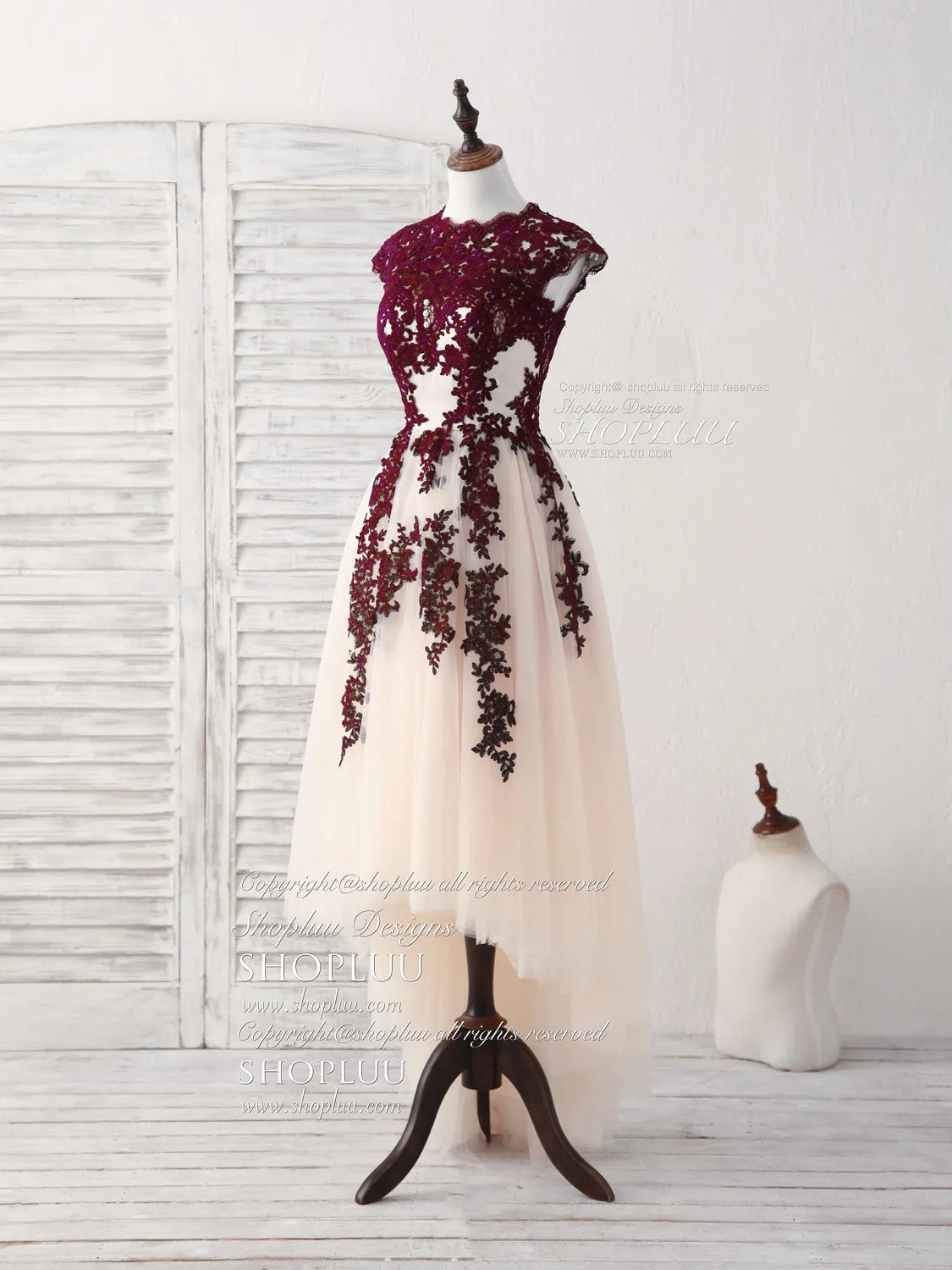 Burgundy Lace Tulle High Low Prom Dress Burgundy Bridesmaid Dress