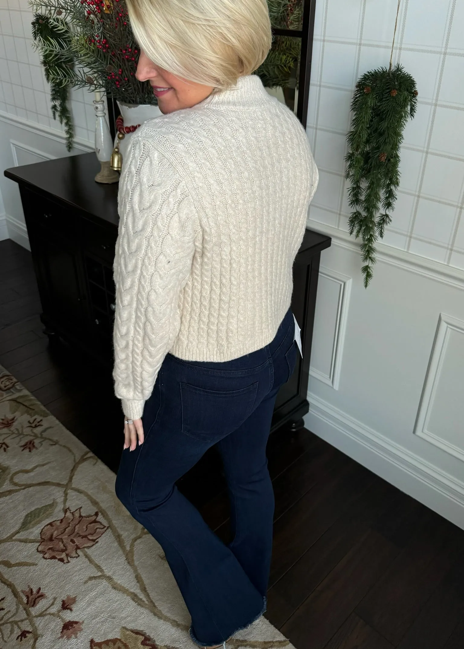 Cable Knit Wrap Over Mock Neck Sweater