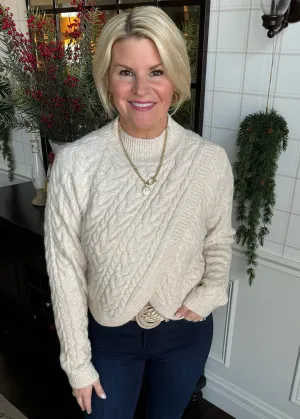 Cable Knit Wrap Over Mock Neck Sweater