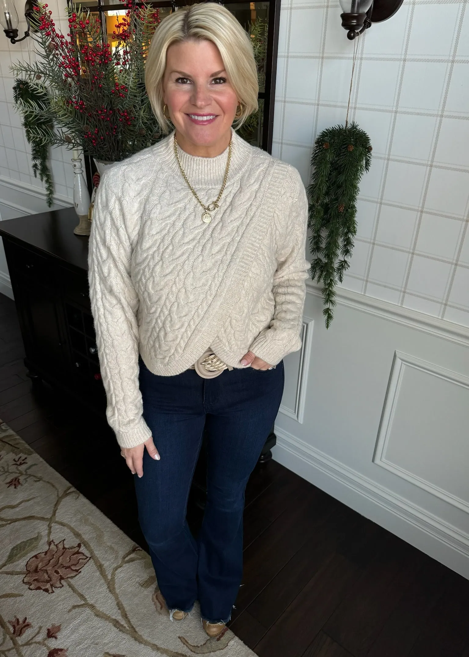 Cable Knit Wrap Over Mock Neck Sweater