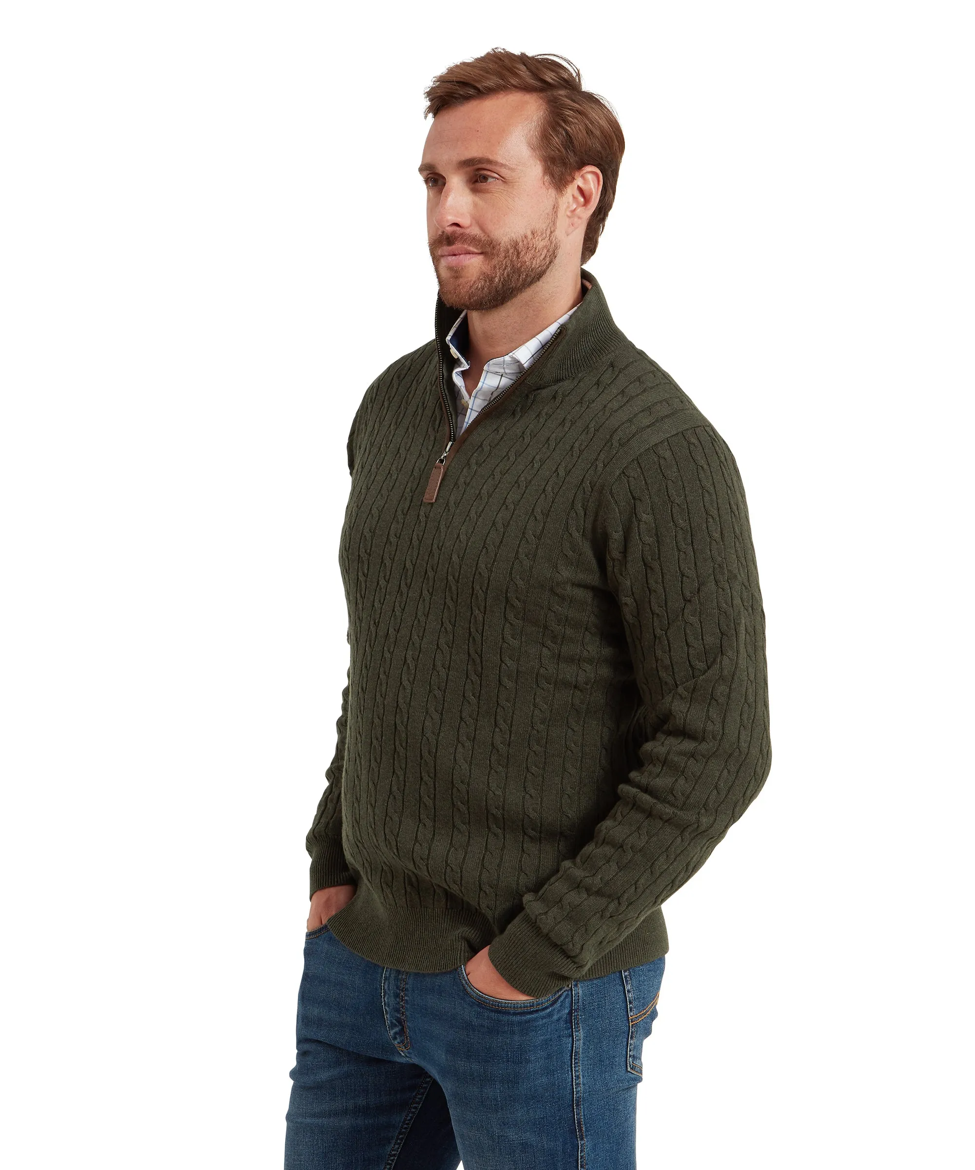 Calton Cotton Cashmere Cable Quarter Zip Jumper - Loden Green