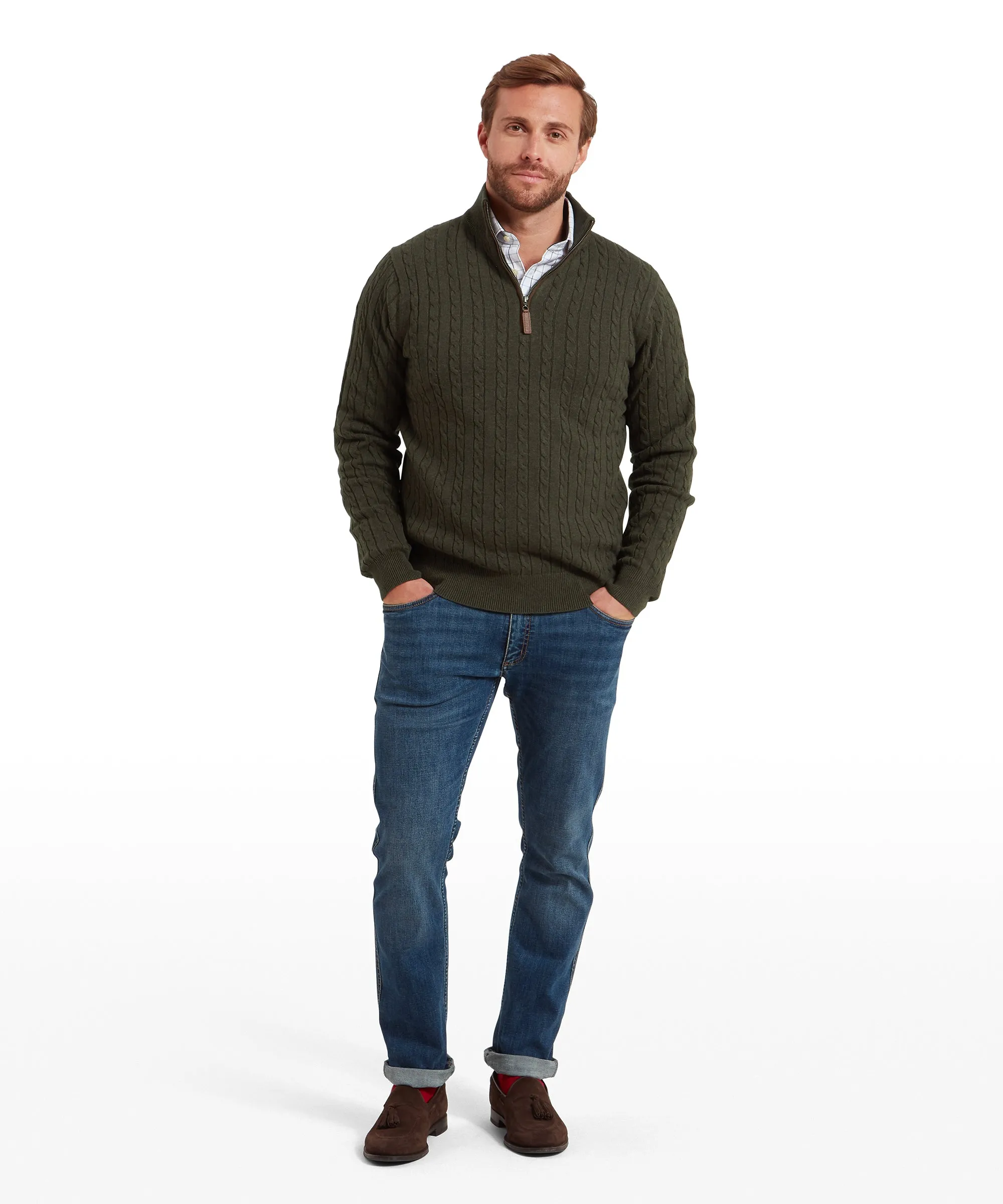 Calton Cotton Cashmere Cable Quarter Zip Jumper - Loden Green