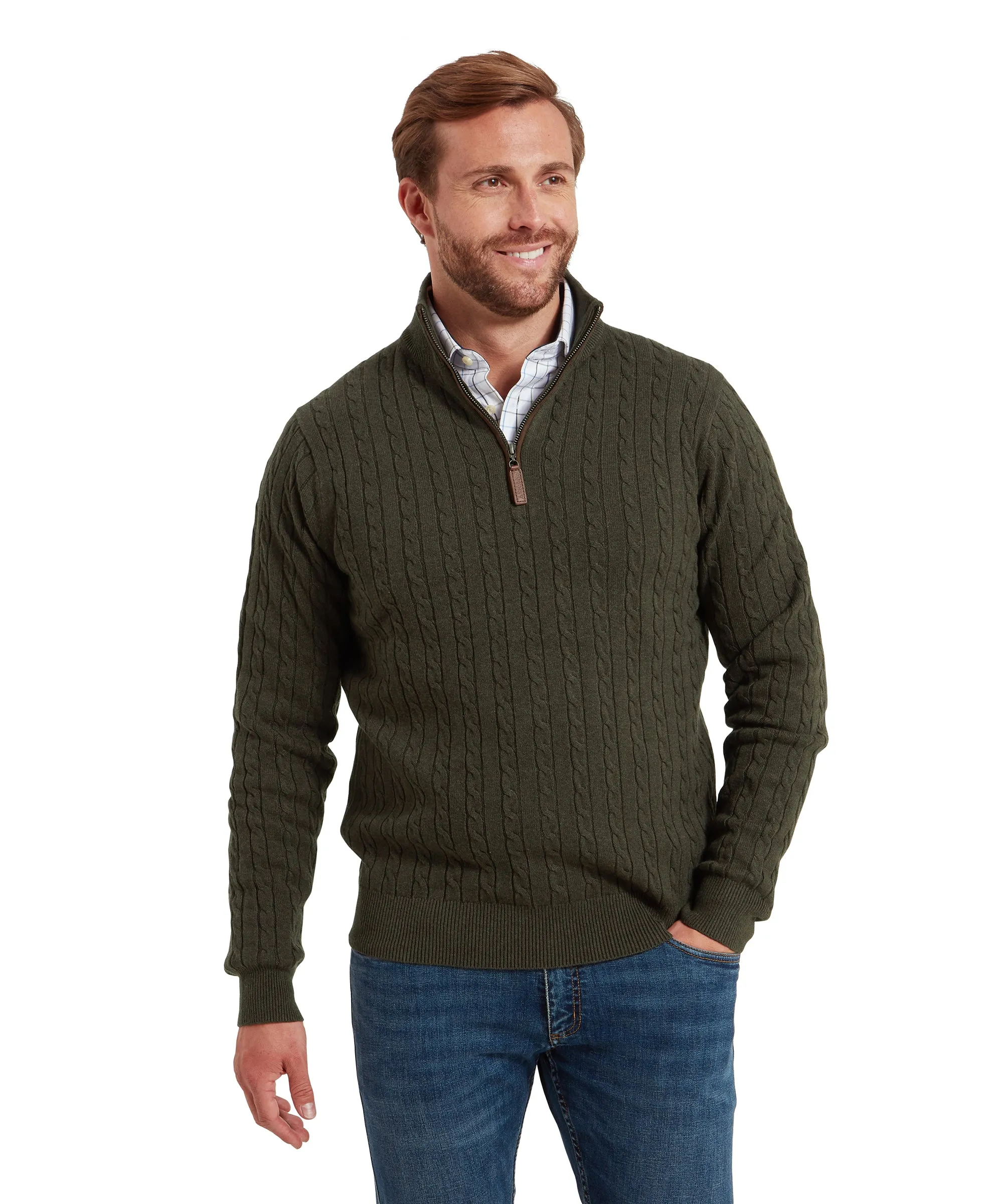 Calton Cotton Cashmere Cable Quarter Zip Jumper - Loden Green