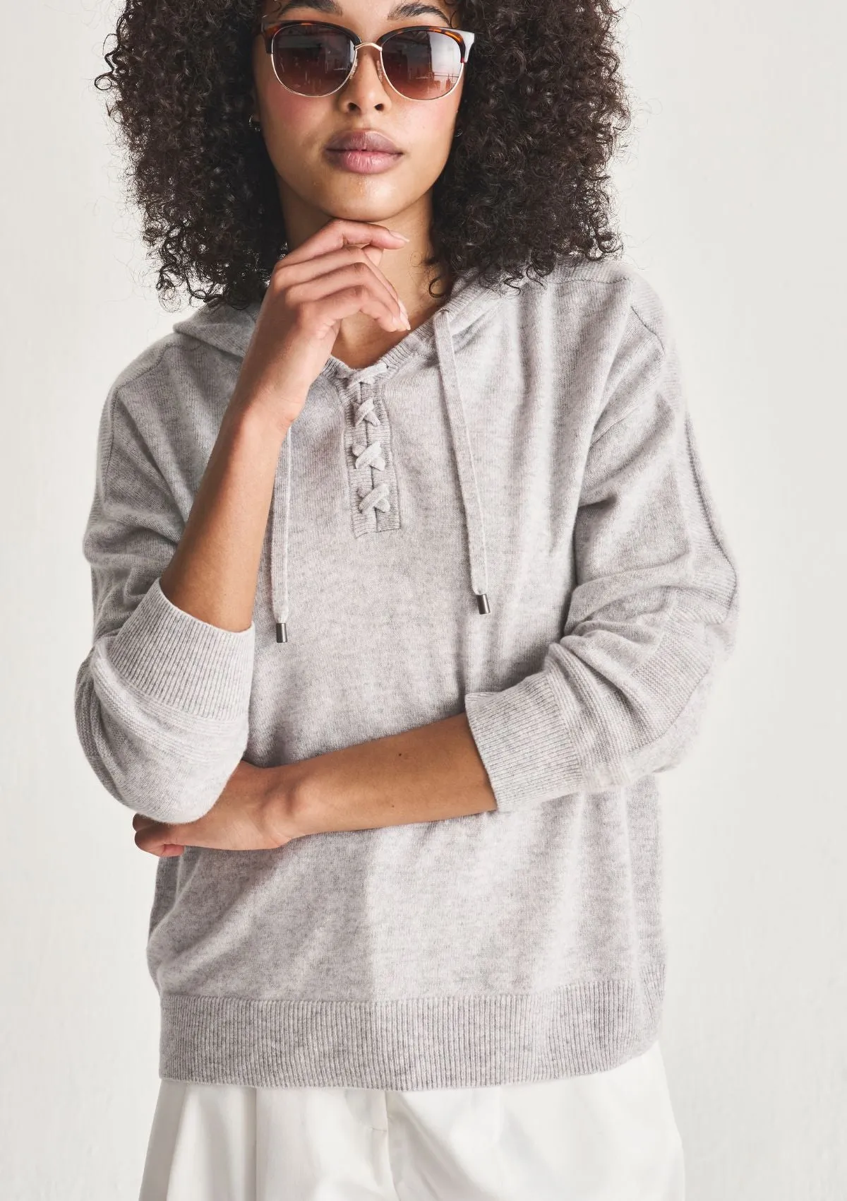 Cashmere Lace Neck Hoodie in Foggy Grey