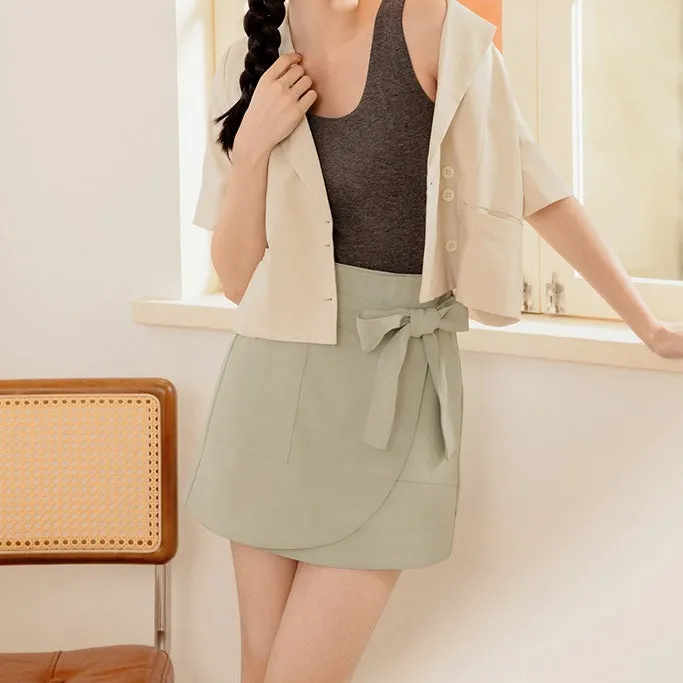 Casual Pocket Ribbon Belt A-Line Short Mini Skirt