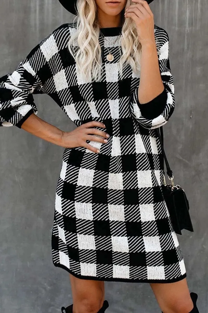 Checker Plaid Slim Knitwear Sweater Dress