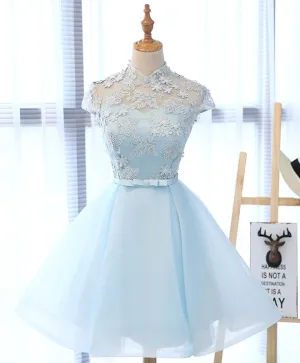 Cute Blue Lace Tulle Short Prom Dress. Cute Homecoming Dress