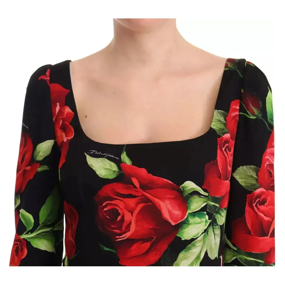 Dolce & Gabbana Black Red Roses Sheath Silk Stretch Dress