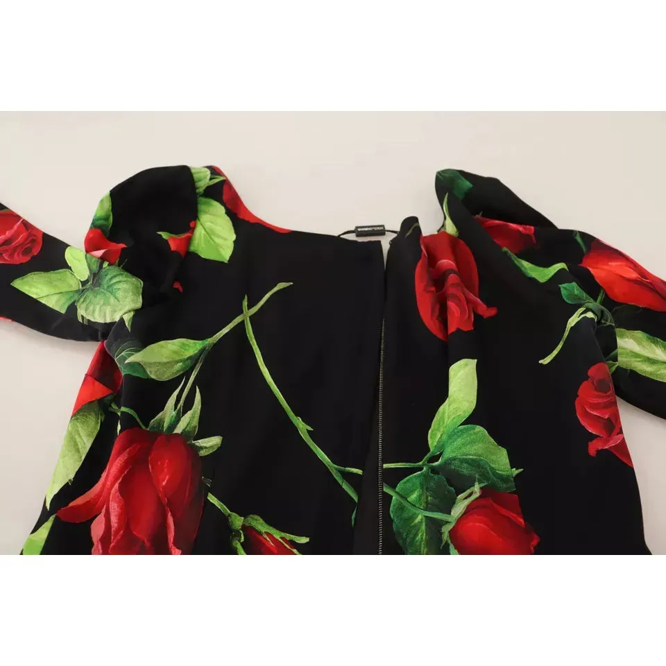 Dolce & Gabbana Black Red Roses Sheath Silk Stretch Dress