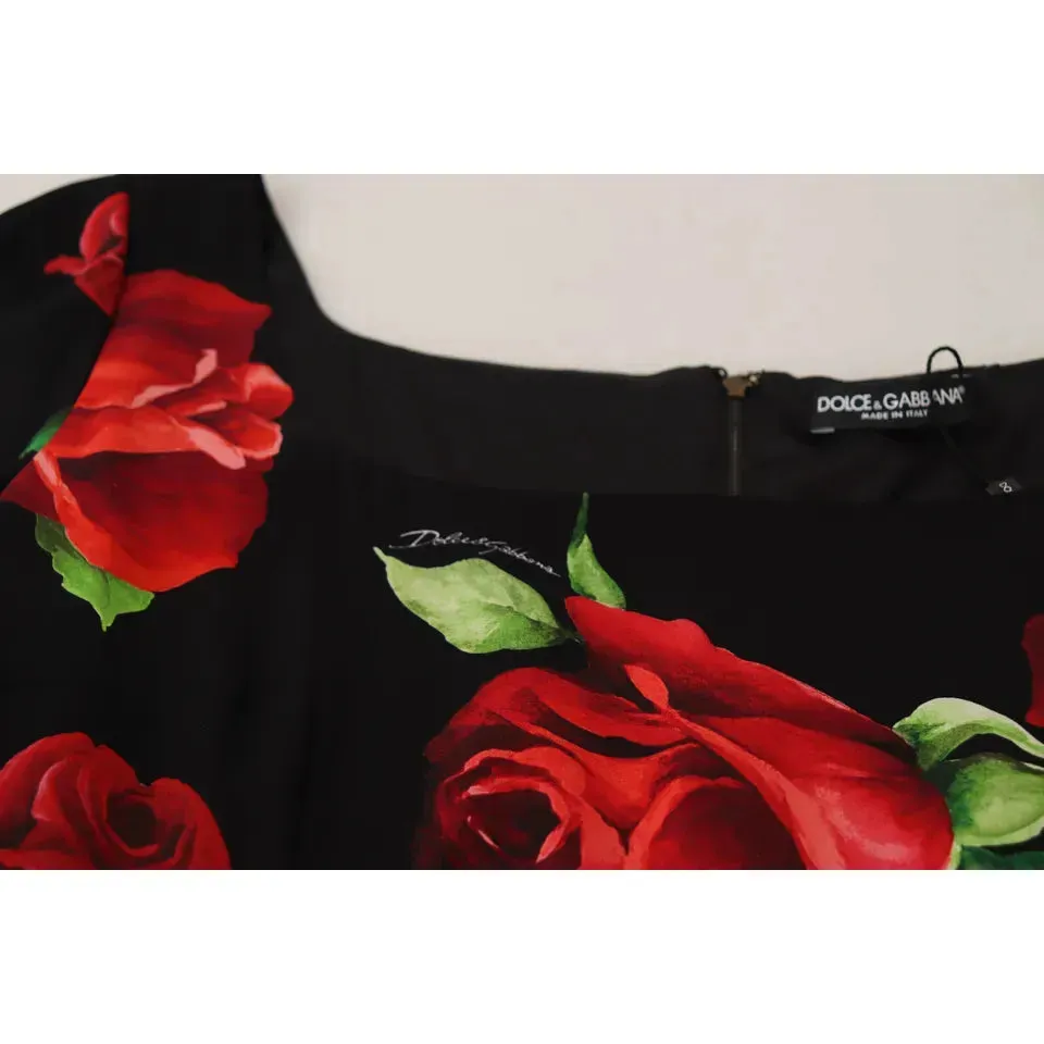 Dolce & Gabbana Black Red Roses Sheath Silk Stretch Dress