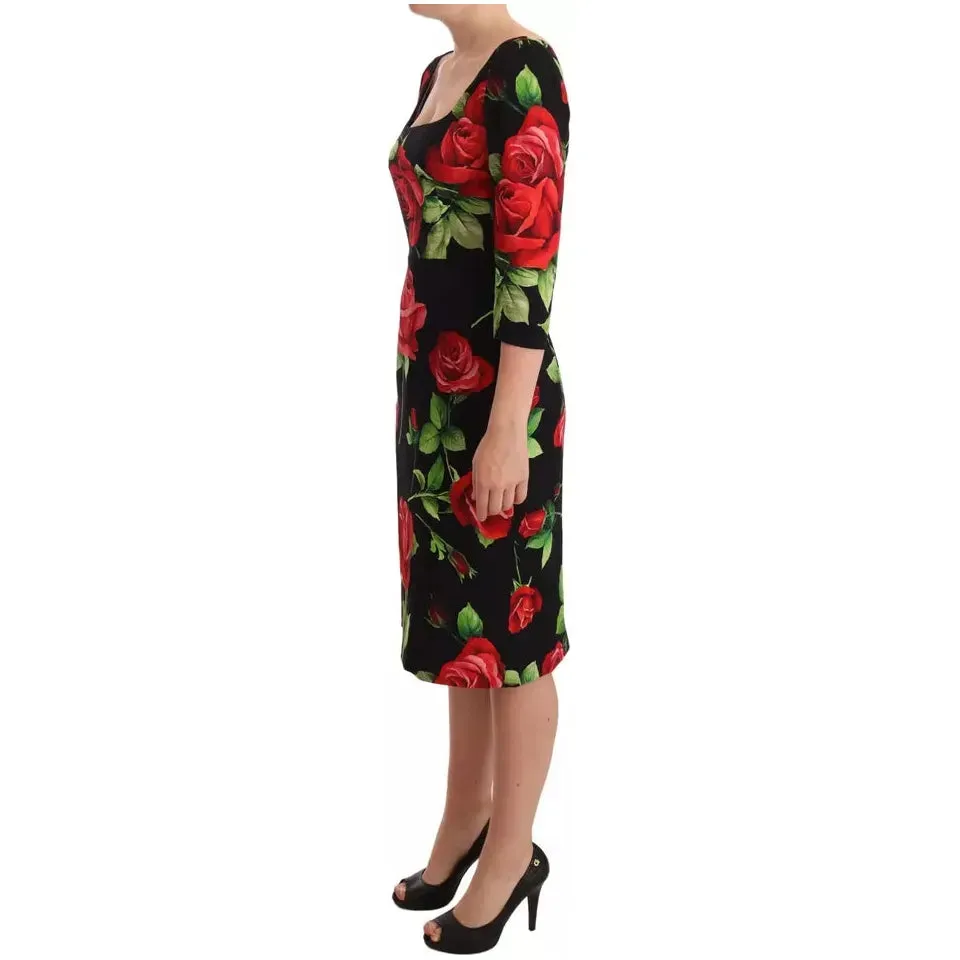 Dolce & Gabbana Black Red Roses Sheath Silk Stretch Dress