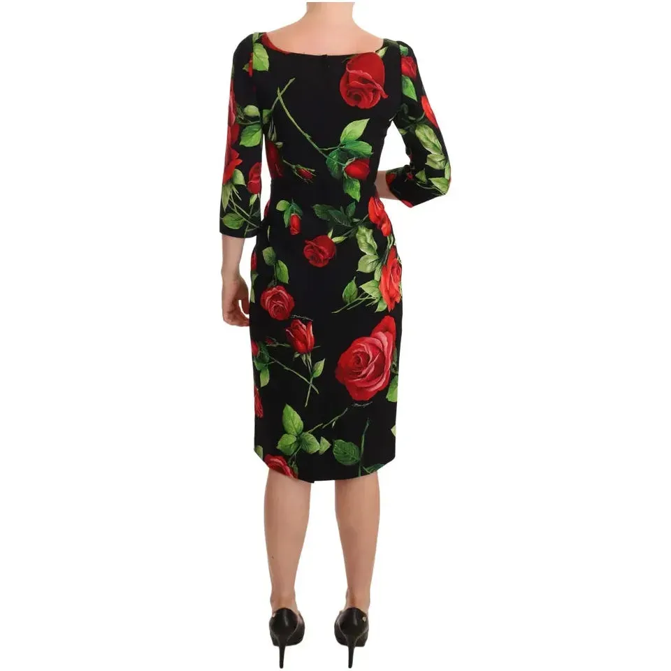 Dolce & Gabbana Black Red Roses Sheath Silk Stretch Dress