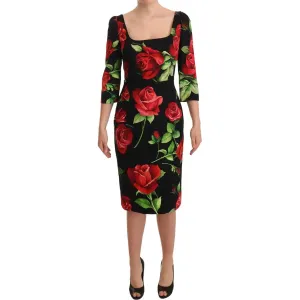 Dolce & Gabbana Black Red Roses Sheath Silk Stretch Dress